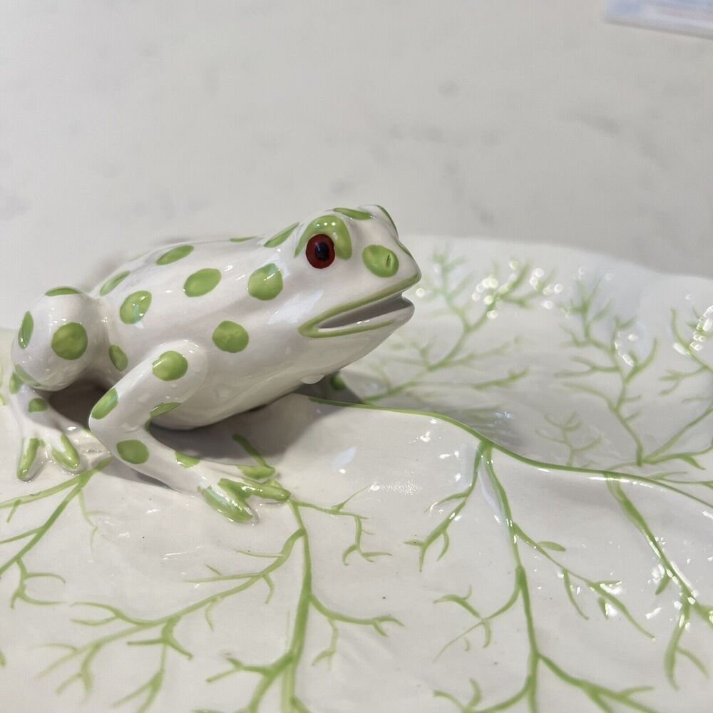VTG Italian ceramic plate green dotted frog lily pad green white figural